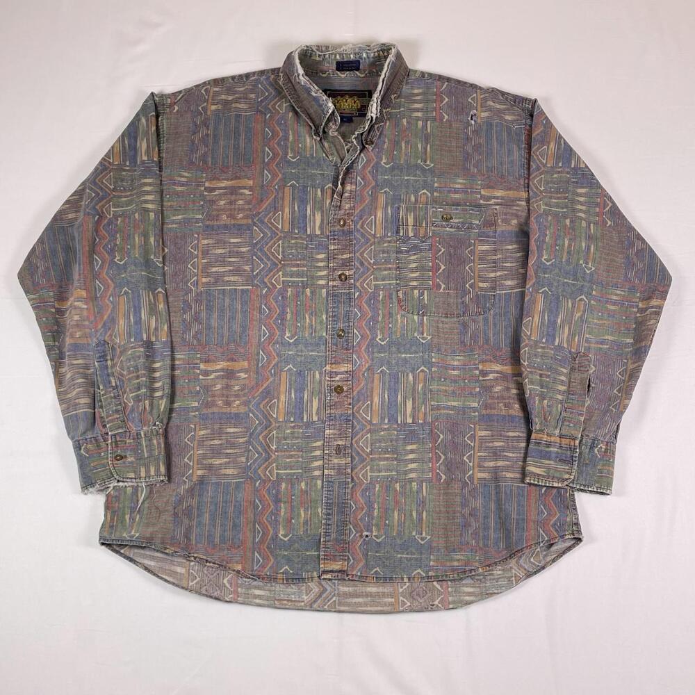Vintage 90s Chaps Ralph Lauren Aztec Geometric Print Button Up Shirt | Faded Lon